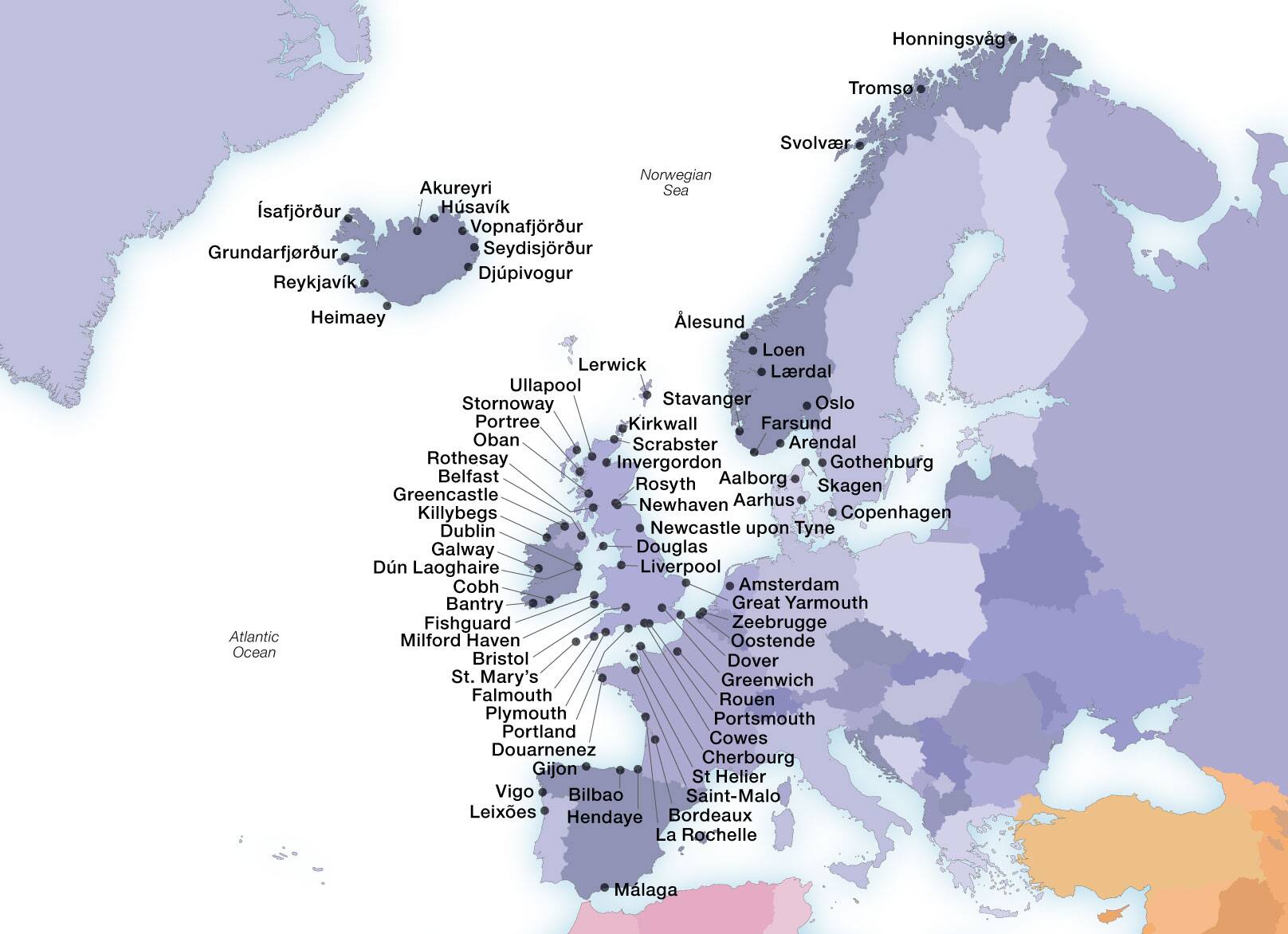 Seabourn's Northern Europeports map