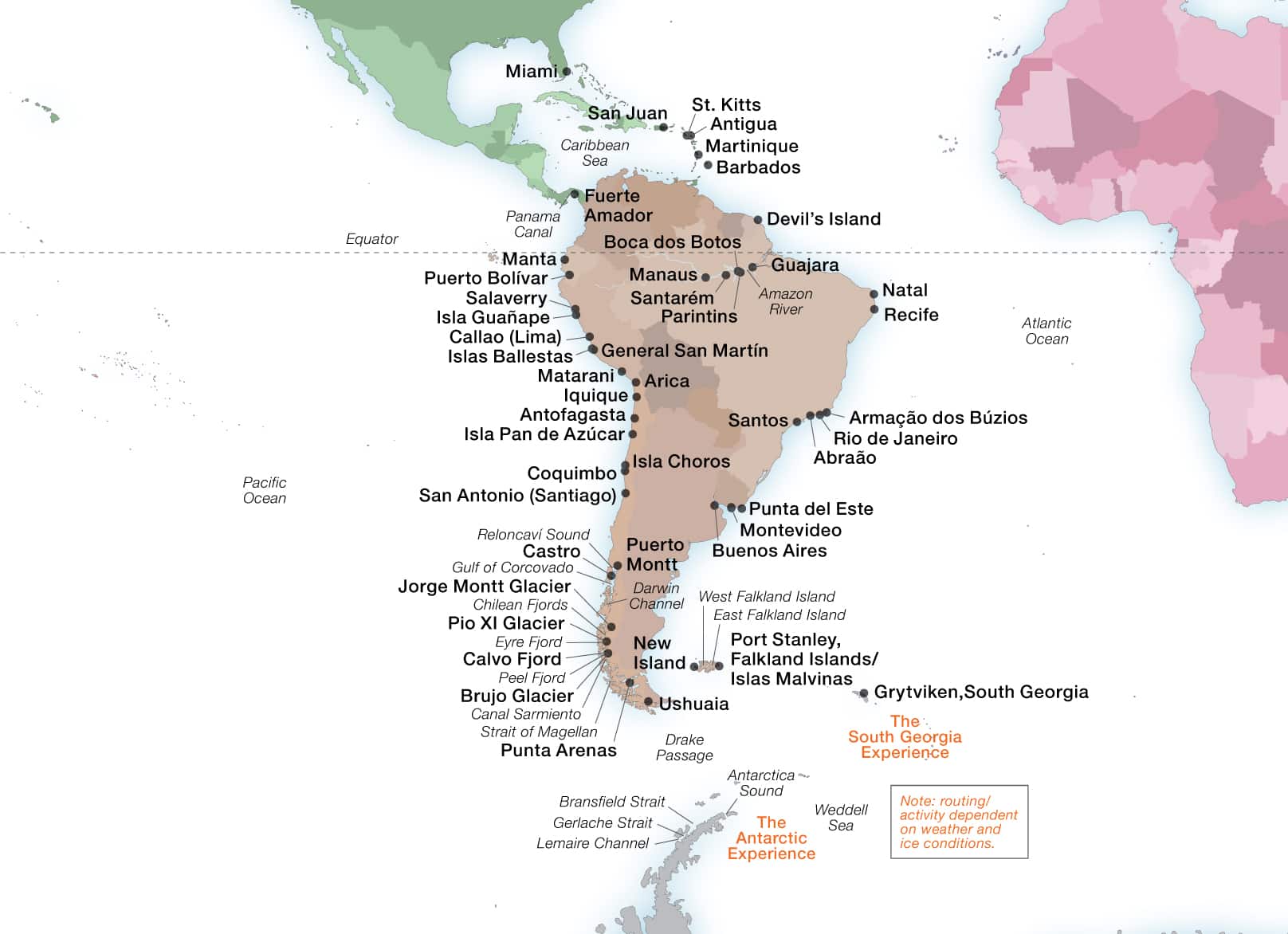 Seabourn's South America & Antarctica ports map