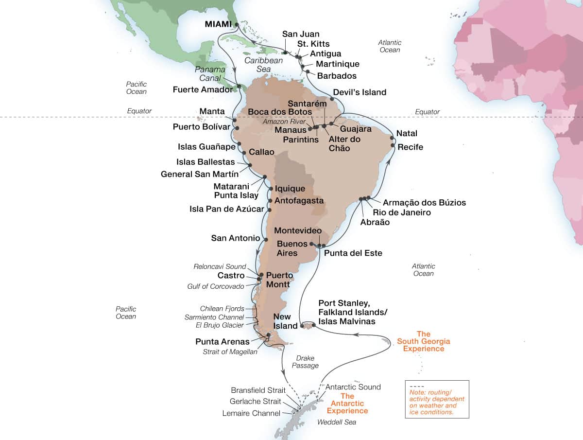 Grand Voyage Amerika, Amazonas und Antarktis Reiseroute