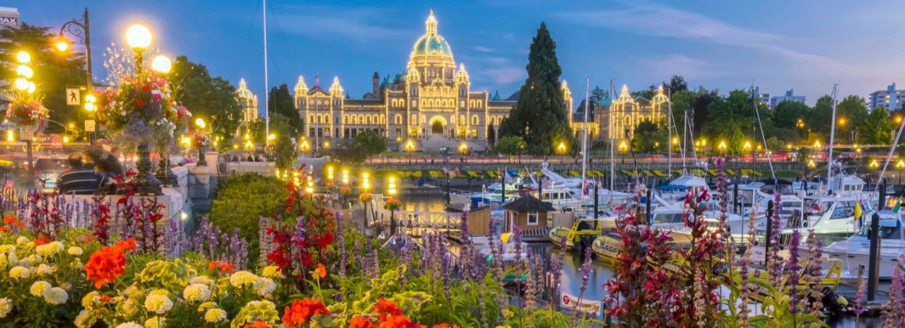 Canada, British Columbia, Vancouver Island, Victoria, Parliament, Legislature Building at dusk