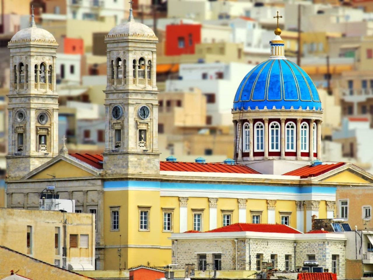 Orthodox Church of Agios Nikolaos in Ermoupolis on the island of Syros, a port visited on an all-inclusive, luxury Seabourn cruise. 
