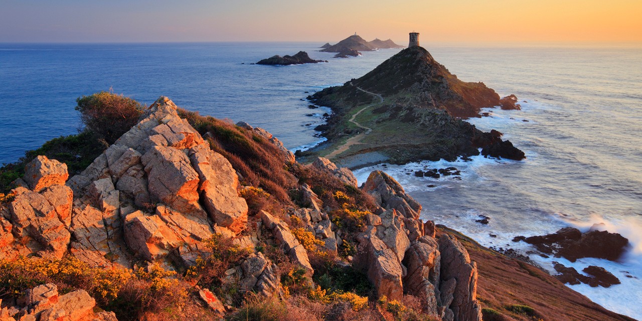 France, Corsica, Ajaccio, Mediterranean sea, Corse-du-Sud, Sanguinaires Islands, view of the islands from Pointe de La Parata (Parata Point) with the Parata viewing tower