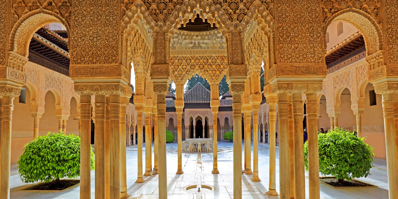 Arcades with View into the Court of the Lions at Alhambra Palace, Granada, Andalusia, Spain