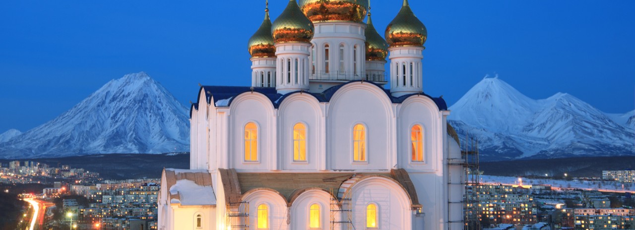 Trinity Cathedral in Petropavlovsk, Russia, a port along a cruise aboard a luxury, all-inclusive, Seabourn ship.