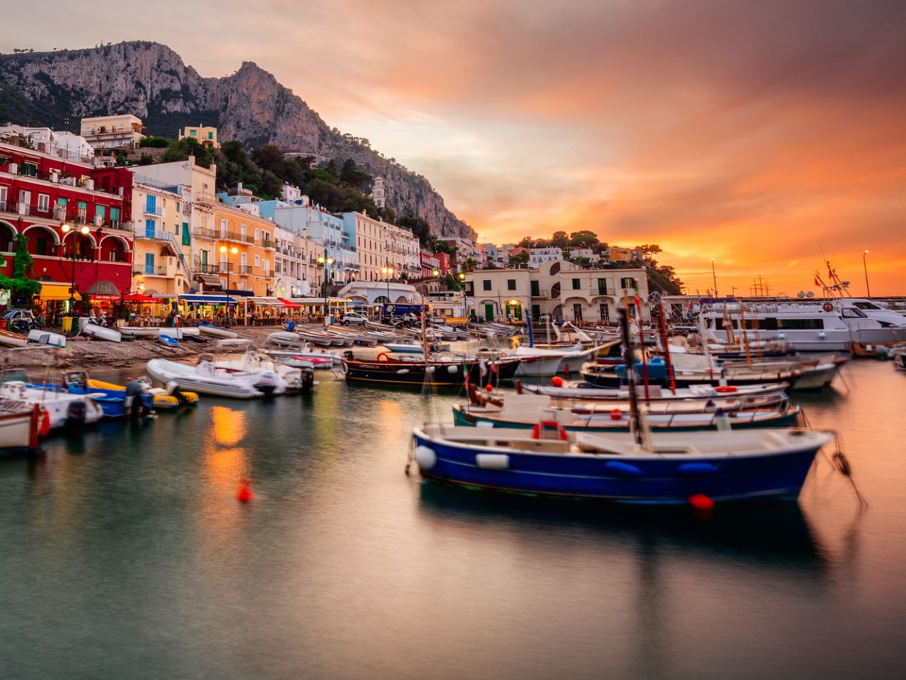 Capri, Italy at Marina Grande at twilight.