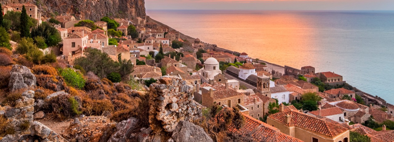 Red Sky in the Morning above the Old Town of Monemvasia, Laconia, Peloponnese, Greece