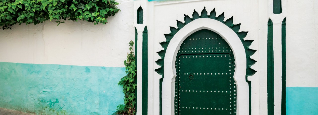 DYB3A6 Green wooden gate of ancient mosque in Medina. Tangier, Morocco