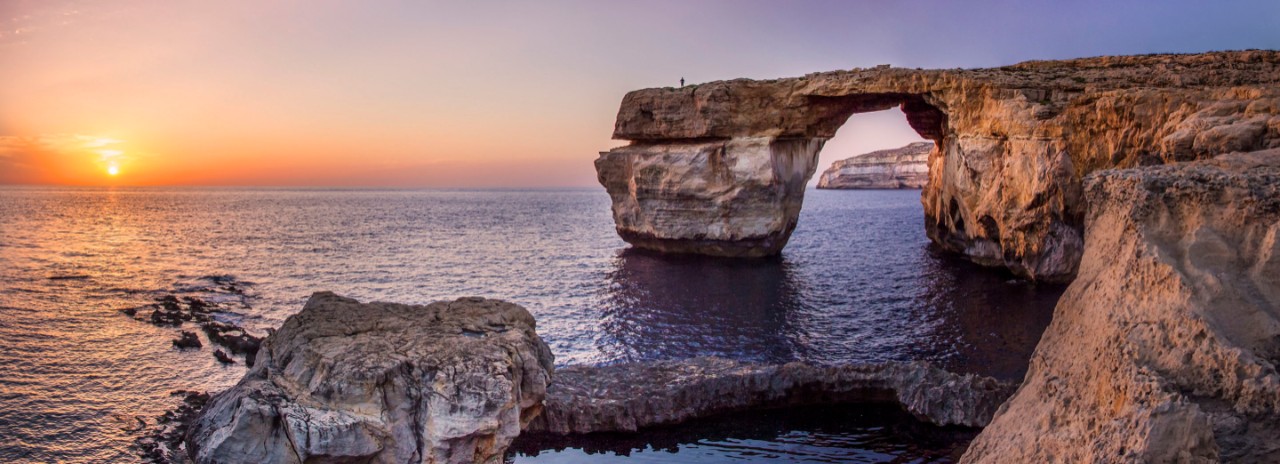 Sunset at Azure Window on Dwejra Point near San Lawrenz on the Island of Gozo, Malta