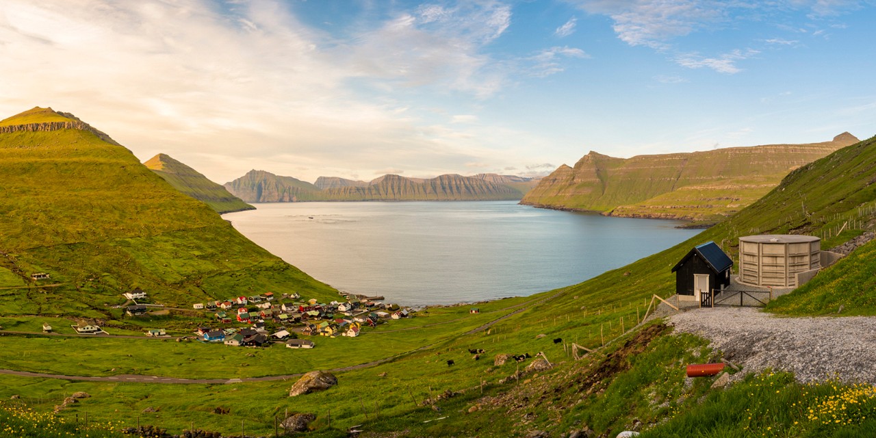 Denmark, Faeroe Islands, Eysturoy, Scandinavia, Funningur, Funningur, Panoramic view of the fiord