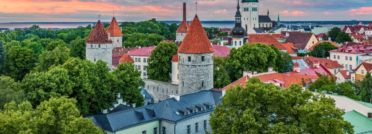 View from the Observation Terrace on Cathedral Hill across the Old Town with City Fortifications and St. Olaf's Church in the Evening, Tallinn, Estonia