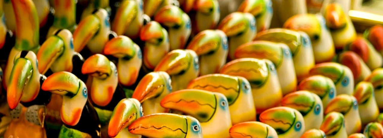 Costa Rica, Arts and Crafts Market, display of wooden Toucans.