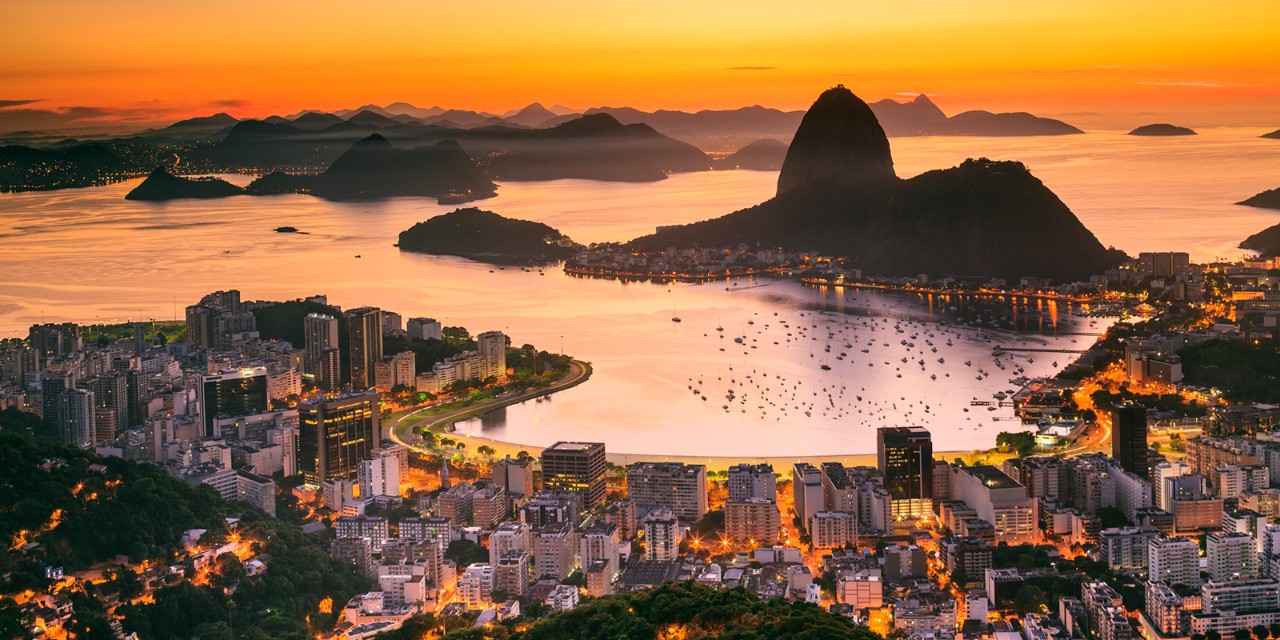 Aerial sunrise view of Rio De Janeiro, Brazil seen on a Seabourn South America luxury cruise