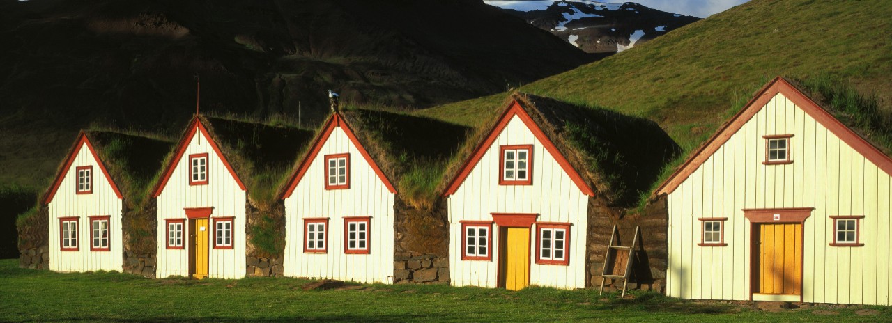 Iceland, Akureyri district, Grenvik town, typical houses.