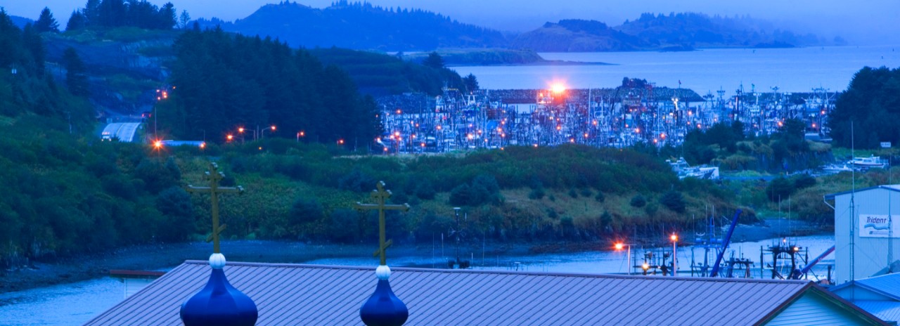 Alaska, Kodiak Island, St. Paul Boat Harbor & Domes of St. Herman Orthodox Seminary.