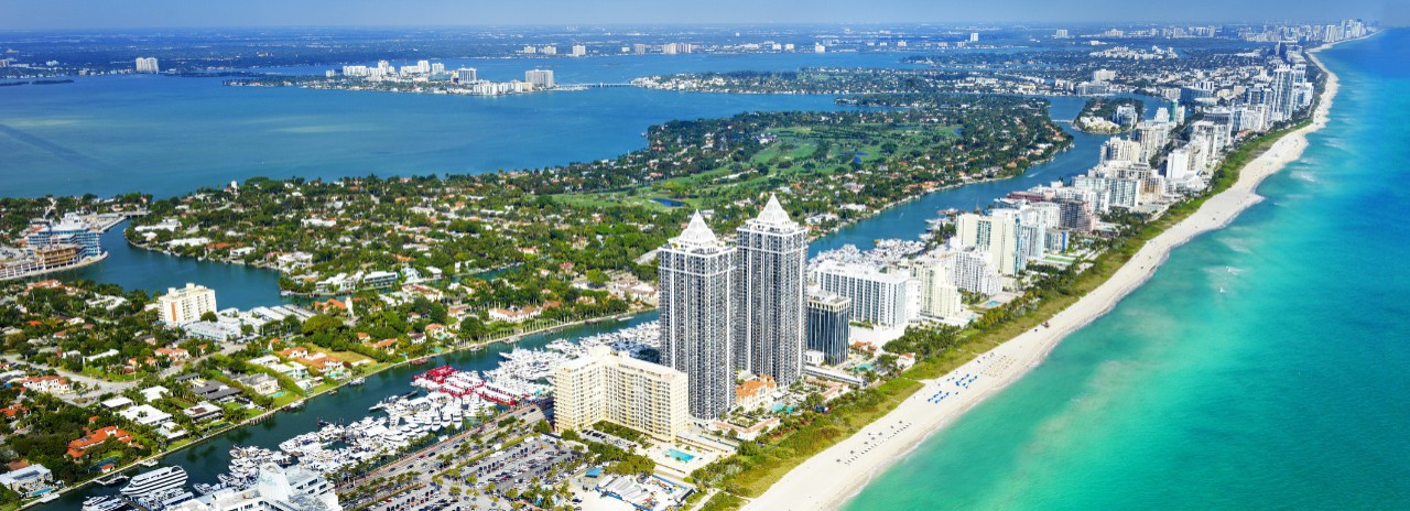 View across the Blue Diamond Apartment High Rises and La Gorce Island, Miami Beach in Miami, Florida, USA