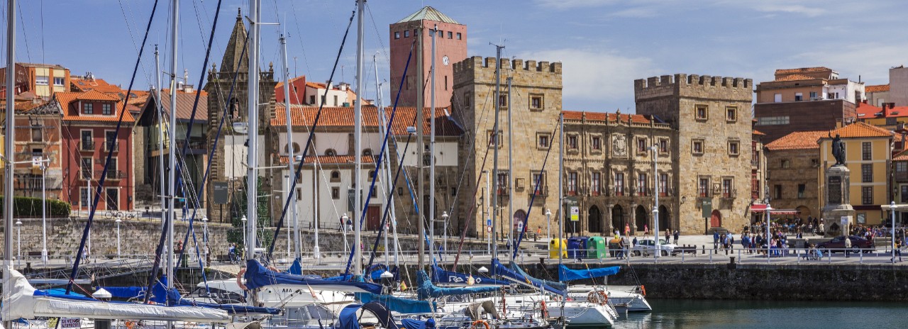 Harbor with View towards Revillagigedo Palace on Plaza del Marques Square in Gijon, Way of St. James (Camino de Santiago), Costa Verde, Asturias, Spain