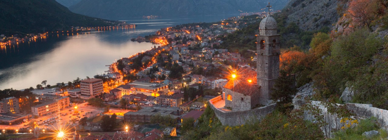 Montenegro, Kotor Bay, Kotor, Adriatic Coast, Landscape of Kotor and the bay from the fortress at dusk