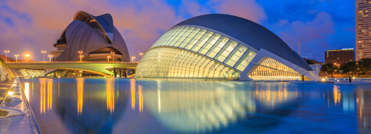 Spain, Valencia, City of the Arts and Sciences, City of the Arts and Sciences at sunset