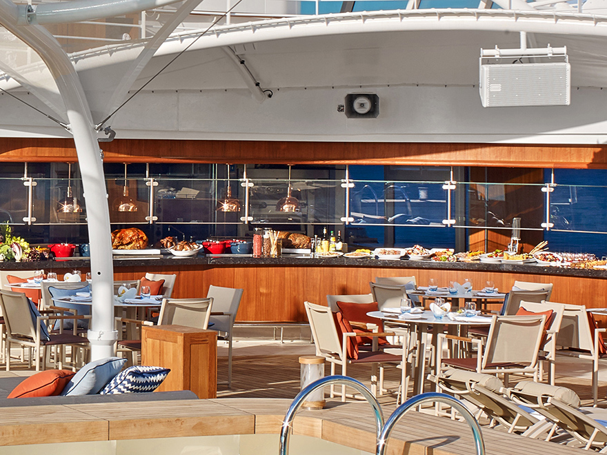 A view of the Patio dining area on a small ship cruise