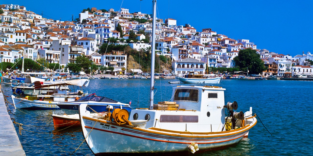 Greece, Sporades, Skopelos Town, view of town from harbor.