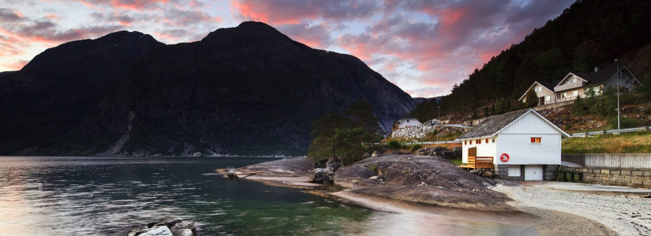 Norway, Hordaland, Eidfjord, Scandinavia, Sunset over the famous fjord