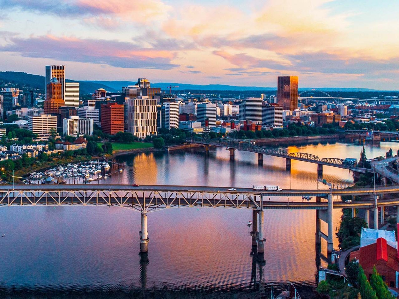 Sunrise view of downtown Portland and its bridges over the Columbia River