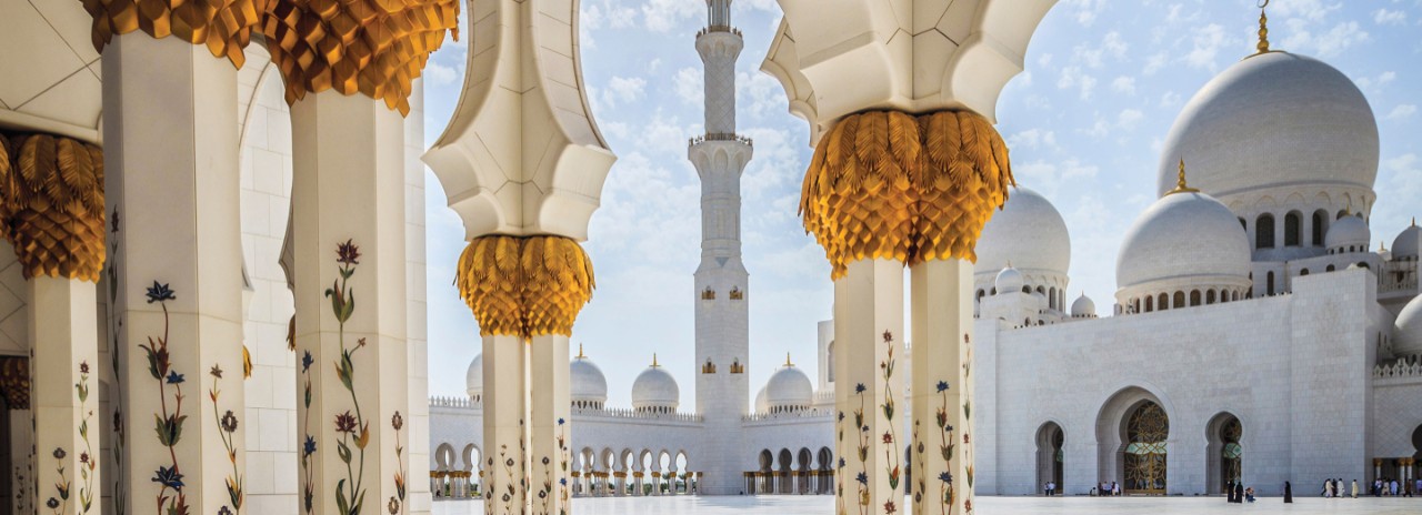 E3Y067 Ornate columns of Sheikh Zayed Grand Mosque, Abu Dhabi, United Arab Emirates