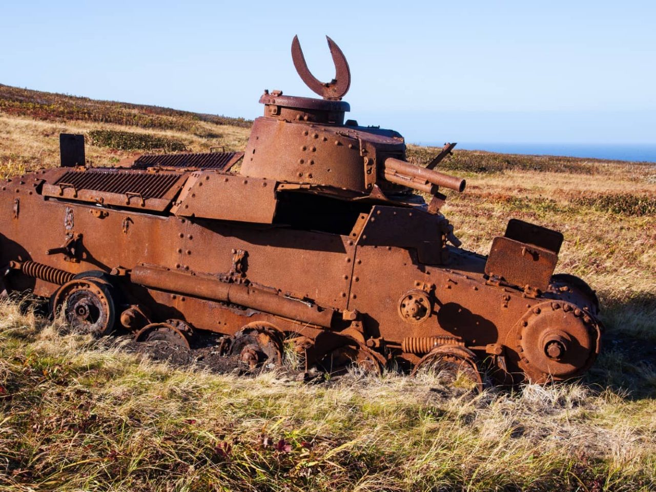 A World War II-era Japanese tank on Shumshu Island, Russia, a port visited on an all-inclusive, luxury expedition Seabourn cruise. 