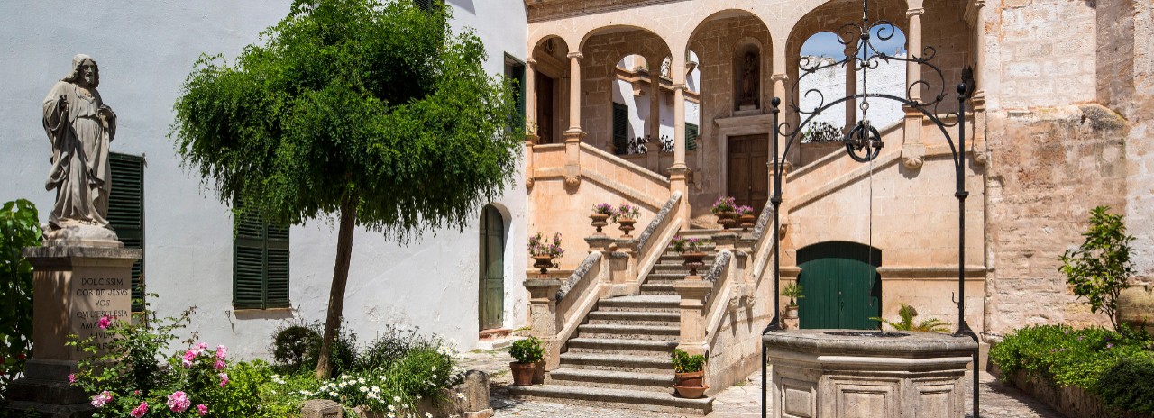 Spain, Balearic Islands, Minorca, Ciutadella, Inner Courtyard at the Episcopal Palace in Carrer de Cal Bisbe in Ciutadella