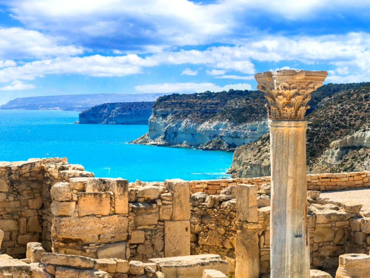 Ruins of an ancient temple overlooking the sea in Paphos, Cyprus, a port visited on an all-inclusive, luxury Seabourn cruise. 
