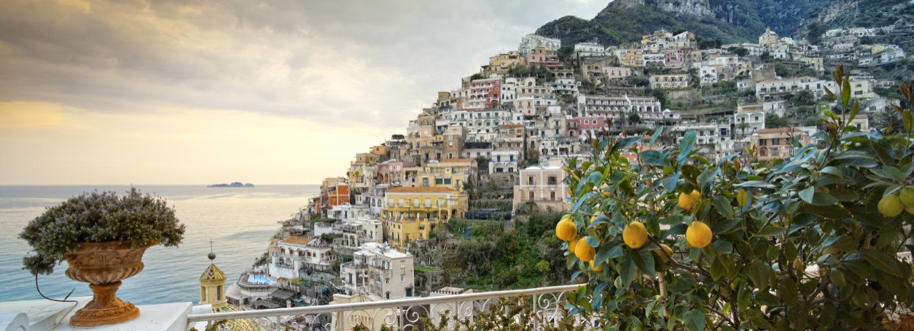 Italy, Campania, Salerno district, Amalfi Coast, Mediterranean sea, Tyrrhenian sea, Tyrrhenian coast, Peninsula of Sorrento, Positano, Lemon tree on a terrace with Positano in the background