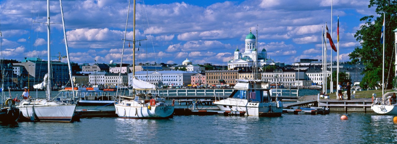 Waterfront with marina and cathedral, Helsinki, Finland