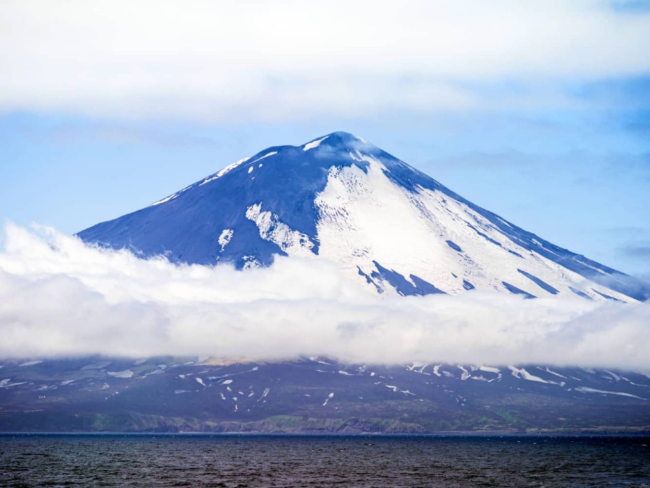 Alaid volcano on Atlasova Island, Russia, a port visited on an all-inclusive, luxury expedition Seabourn cruise. 