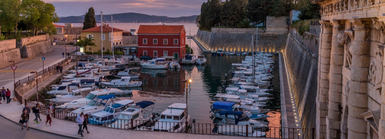 Croatia, Dalmatia, Zadar, Adriatic sea, Fosa harbour at sunset
