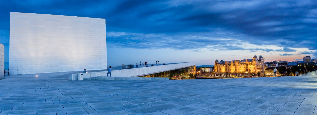 Norway, Oslo county, Oslo, Scandinavia, Oslo Opera House, The Oslo Opera House (Operahuset), Snohetta architects, the town on the background