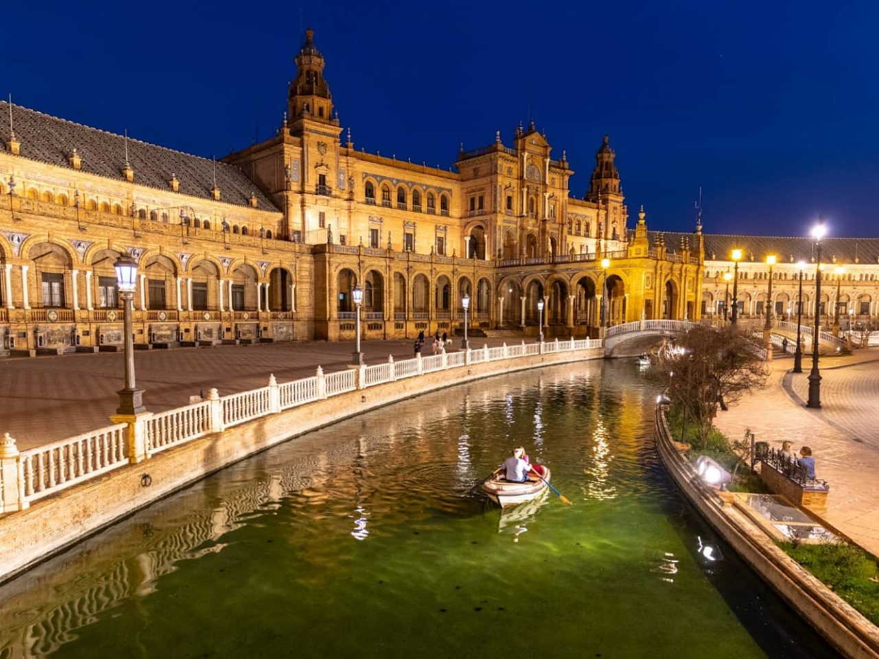 A rowboat is seen in Plaza de Espana in Seville, Spain, a port visited on an all-inclusive, luxury Seabourn cruise. 