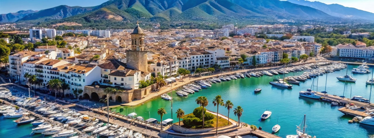 Puerto Banús marina with rows of yachts, palm-lined waterfront, whitewashed town and church tower, turquoise harbor, and mountains beyond.