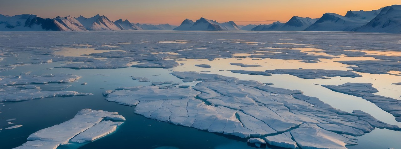 Broken sea ice floats across calm Arctic waters at sunset, with distant snow-covered mountains in Northeast Greenland National Park.