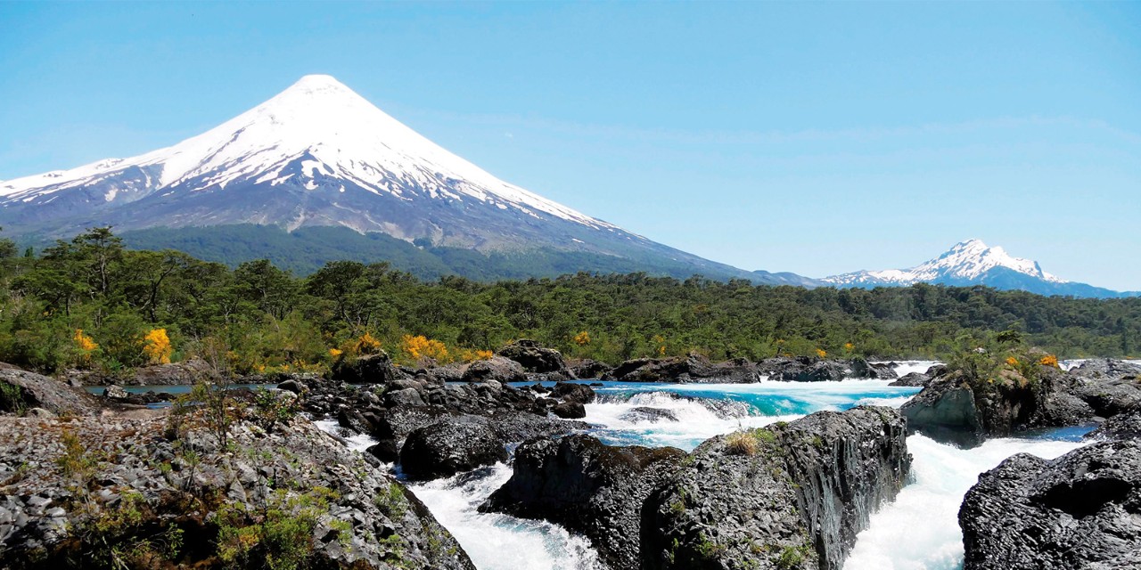 A panoramic view of the iconic Saltos del Petrohué (Petrohué Waterfalls) in southern Chile’s oldest national park